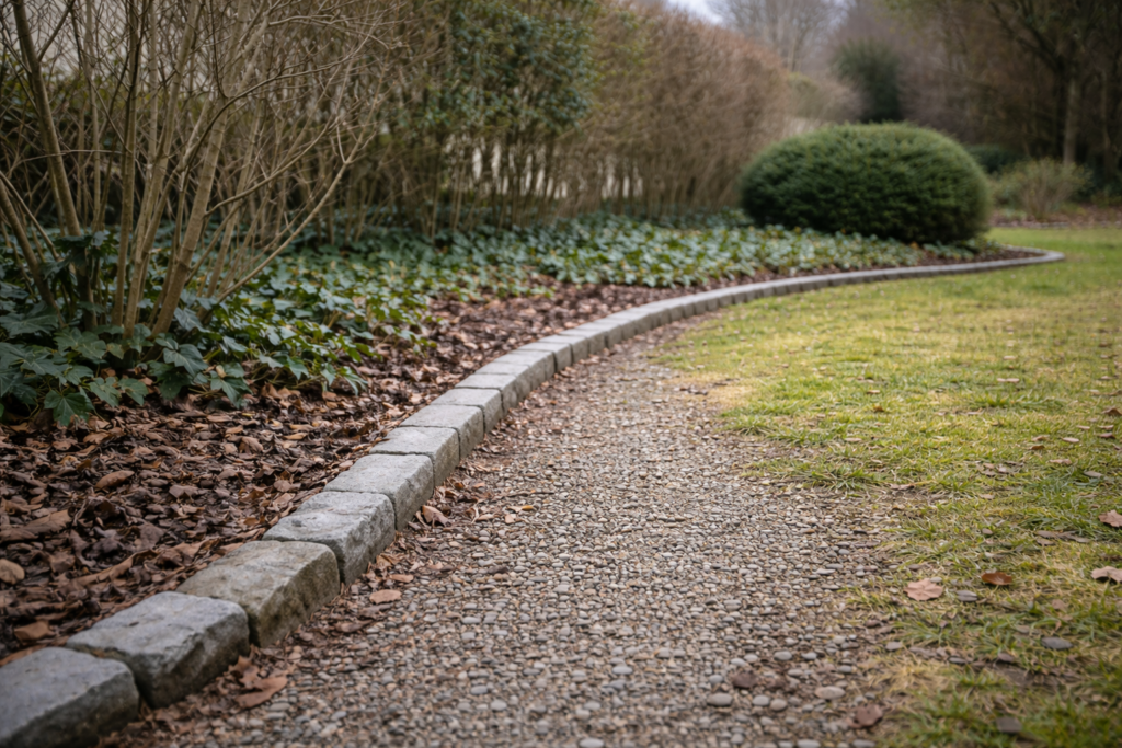 Ruhiger Gartenweg im Januar mit Beetkante und winterlicher Struktur
