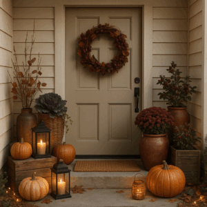 Nachhaltige Herbstdeko vor einer Haustür in der Schweiz: Chrysanthemen, Zierkohl, Kürbisse und Laternen mit Kerzen