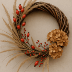 Herbstkranz aus Naturmaterialien mit Hagebutten, Ziergräsern und getrockneten Hortensien – nachhaltige Deko für die Haustür in der Schweiz.