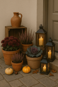 Nachhaltige Herbstdeko vor der Haustür in der Schweiz: Chrysanthemen, Calluna, Zierkohl, Kürbisse und Laternen mit Kerzen